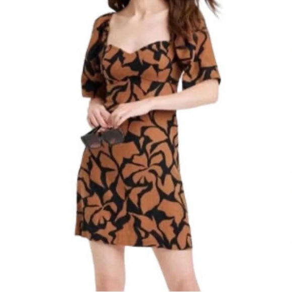 A New Day Black and Brown Puff Sleeve Linen Shift Dress - Picture 1 of 6